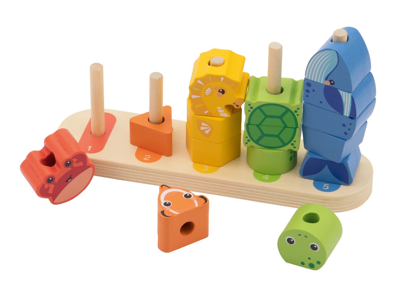 Wooden animal stacking toy with crab, clownfish, lion, turtle, and whale pieces, numbered 1-5.