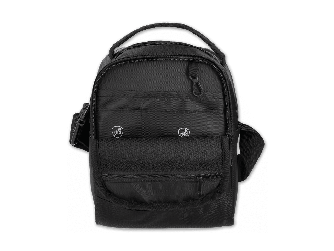 Schwarze Umhängetasche mit Reißverschlüssen und RFID-Schutz