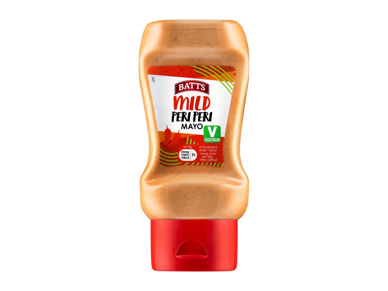 Mild Peri Peri Mayo in a squeeze bottle with a red cap, featuring nutritional information.