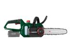 Cordless chainsaw with a green body, black handles, and a silver chain bar.