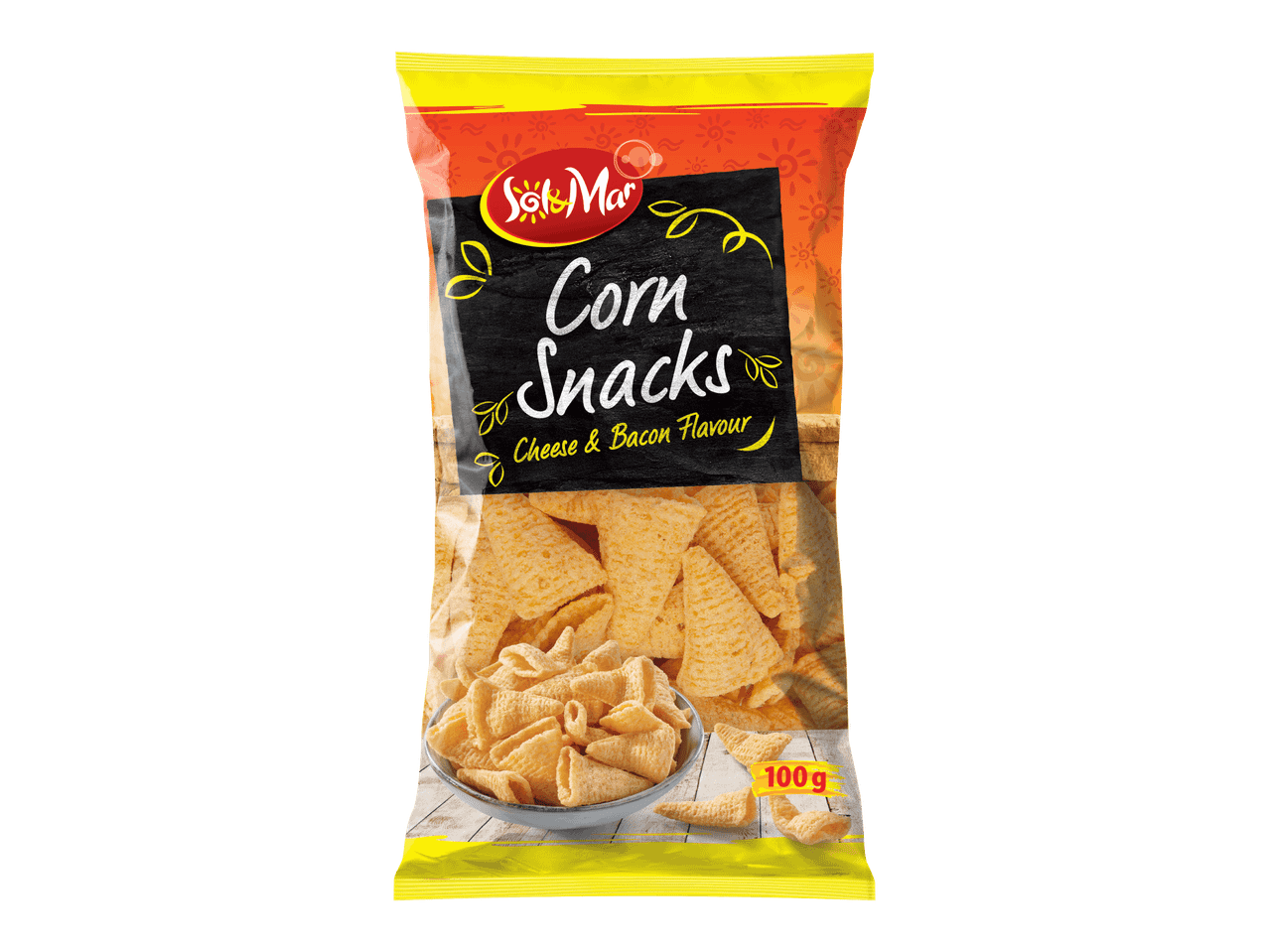 Maissisnacks-pussi, jossa on juusto- ja pekonimaku, 100 g.