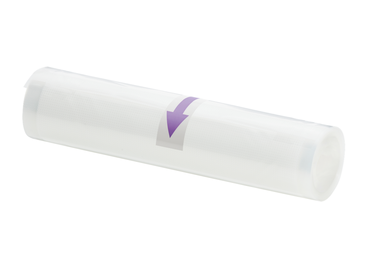 Film sous vide transparent avec une flèche violette pour l'emballage alimentaire.