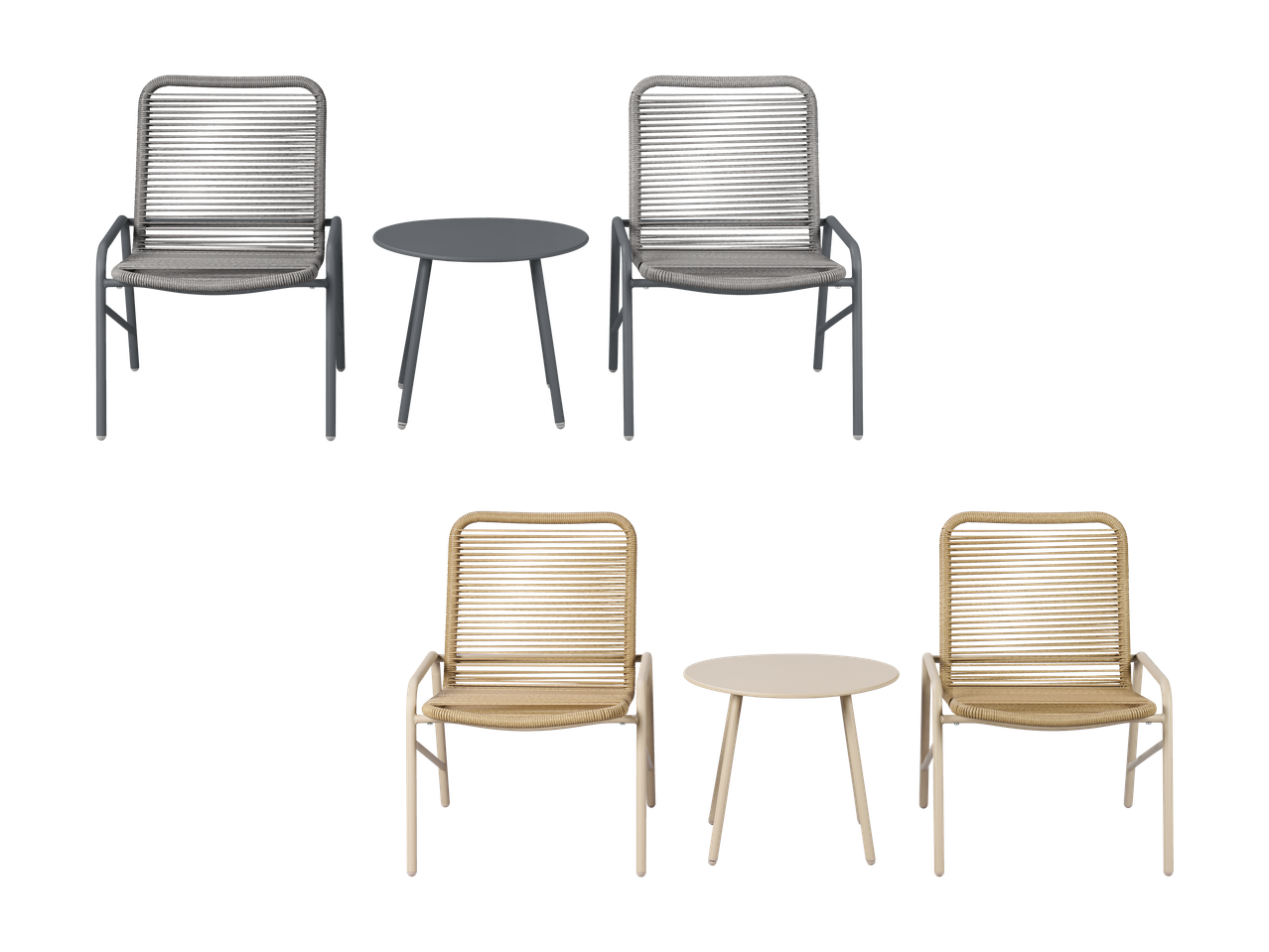 Dva seta vrtnog namještaja, svaki s dvije stolice i okruglim stolićem, u sivoj i bež boji.