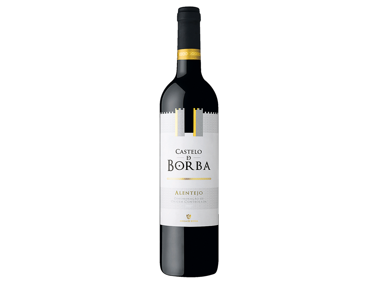 Garrafa de vinho tinto Castelo de Borba Alentejo DOC com rótulo temático de castelo.