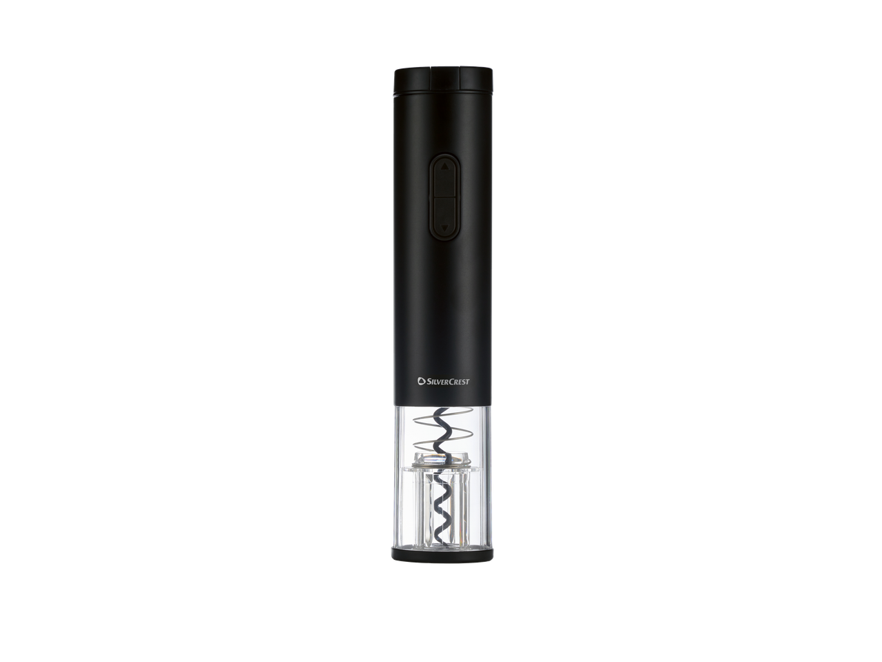 Saca-rolhas elétrico SILVERCREST preto com espiral visível.