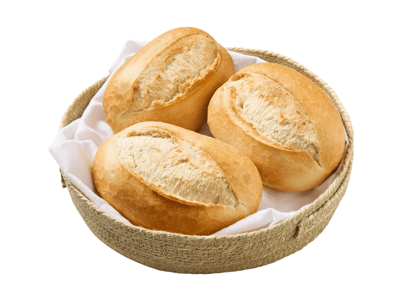 Trois petits pains frais et dorés dans un panier en osier avec un linge blanc.