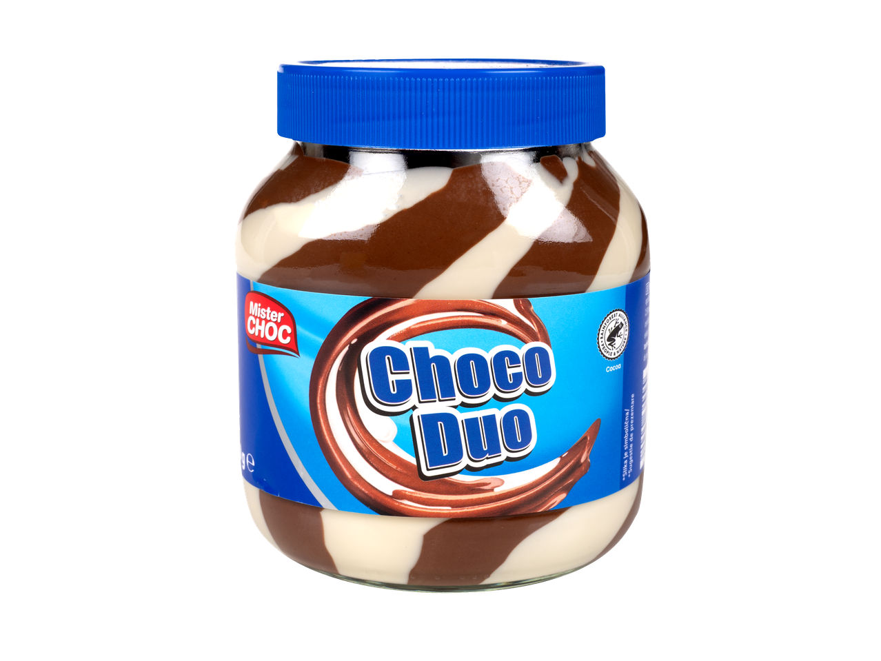 Mister Choc Choco Duo cremă tartinabilă cu cacao și lapte într-un borcan.