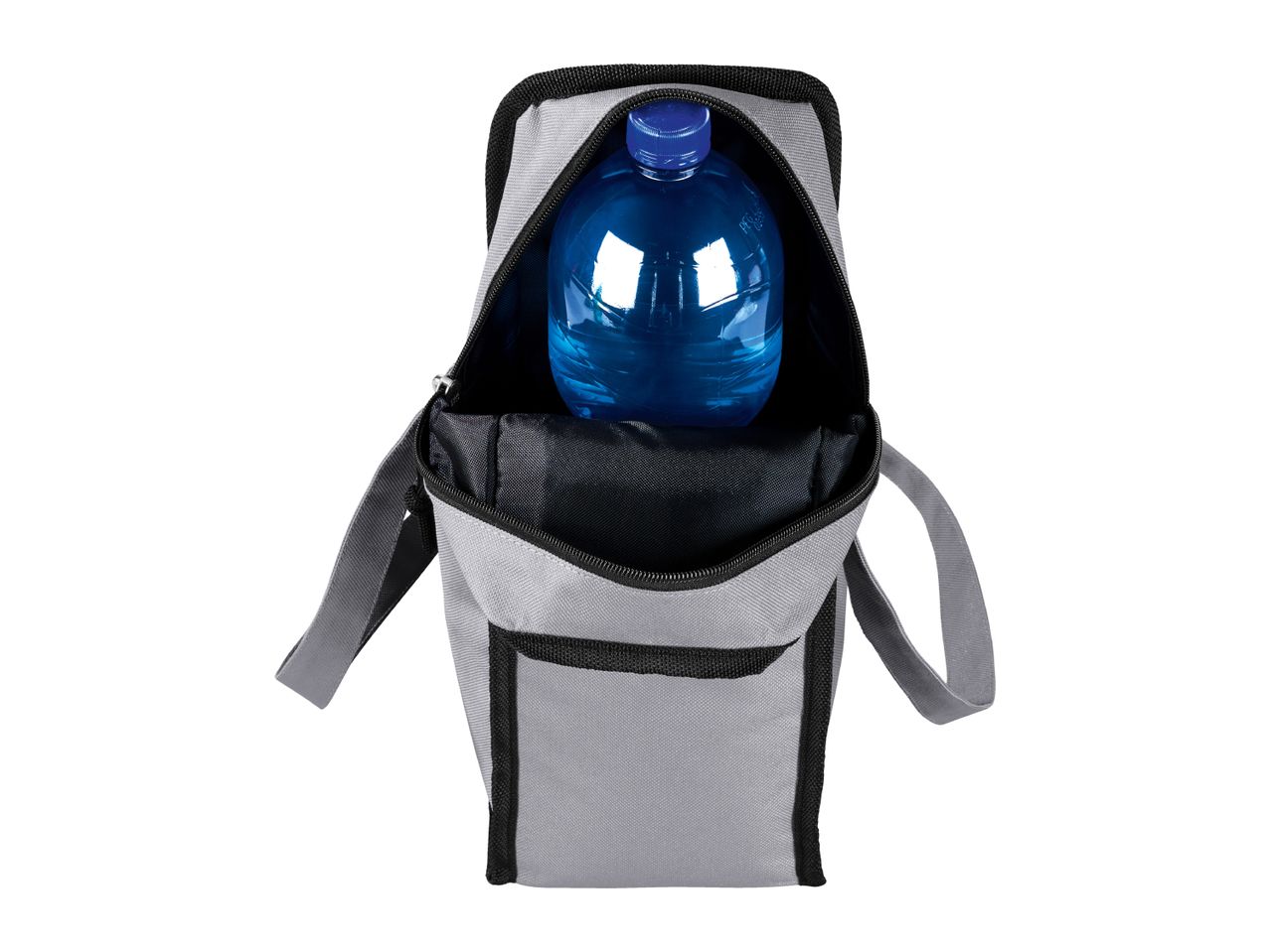 A gray insulated tote bag with black accents holds a large blue water bottle.
