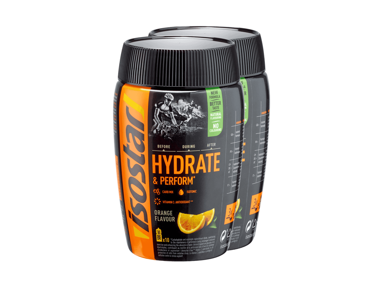 Deux bidons de boisson isotonique à l'orange pour l'hydratation et la performance.