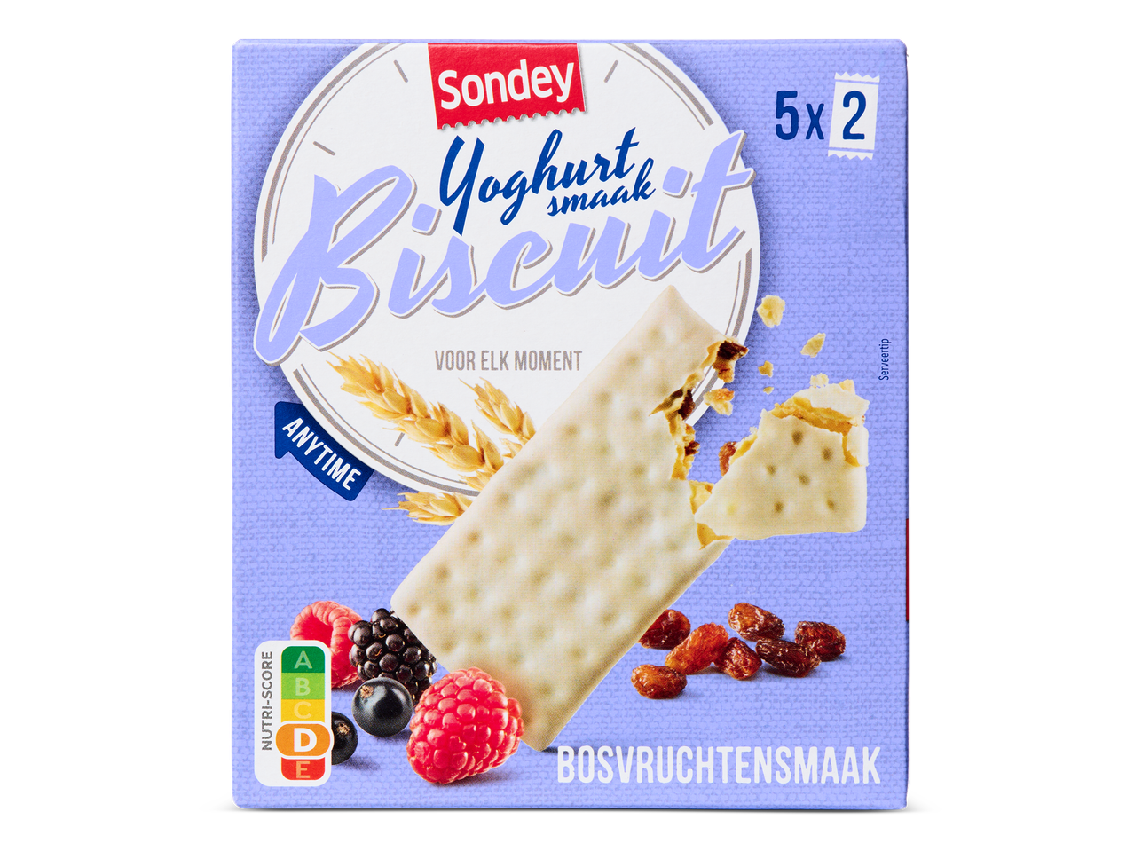 Yoghurt biscuit met bosvruchtensmaak in een verpakking van 5 x 2 stuks.