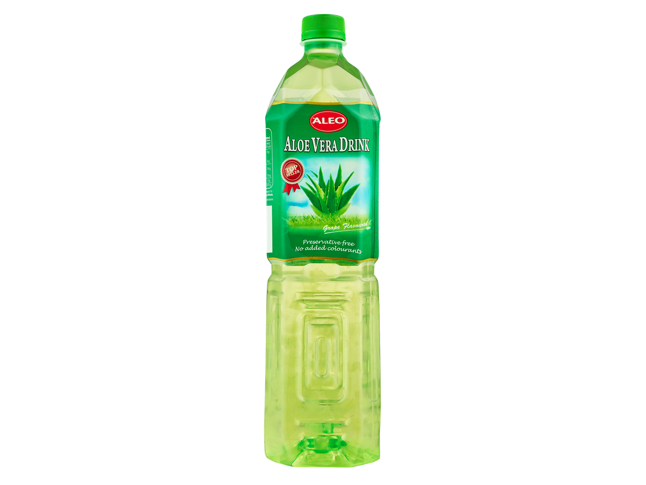 ALEO ORIGINAL vynuogių skonio alavijų gėrimas butelyje.