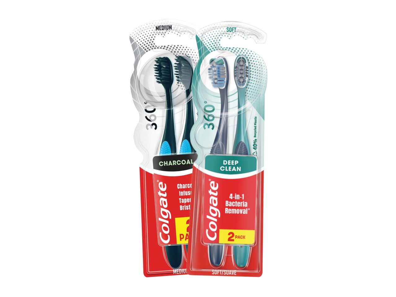 Două pachete de periuțe de dinți Colgate, unul cu periuțe de dinți cu cărbune și celălalt pentru curățare profundă.