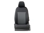 Front view of a black and gray car seat with a patterned fabric insert.