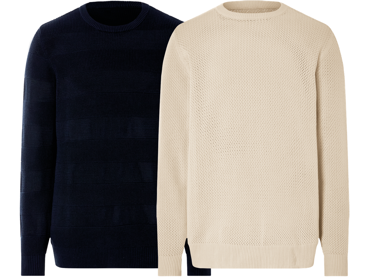 Två stickade tröjor, en mörkblå och en beige.