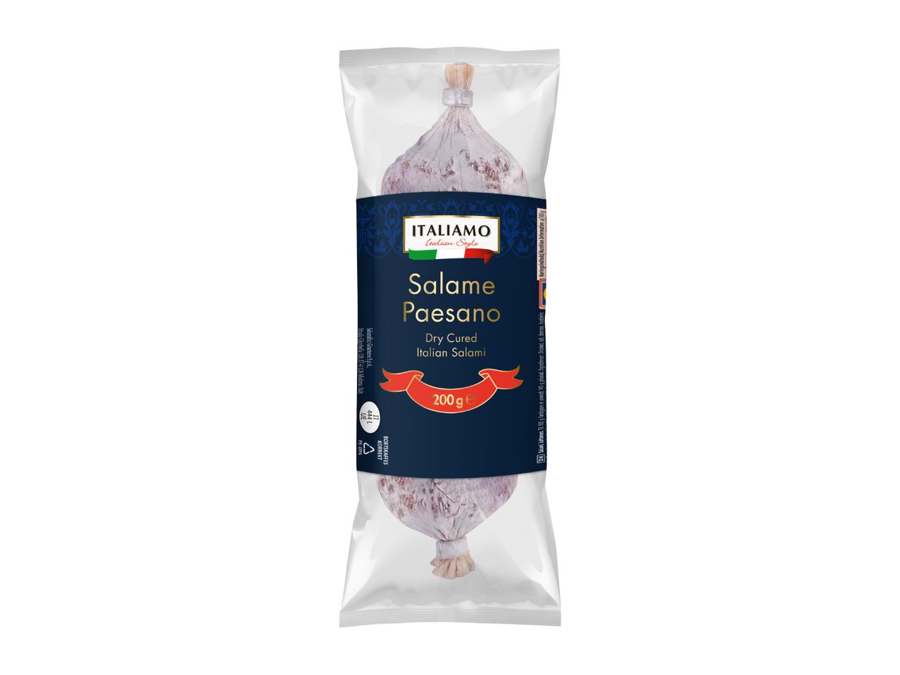 Dry cured Italian salami in clear packaging with a dark blue label, 200g.