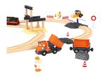 Wooden train set with a black train, bridge, construction vehicles, and workers.