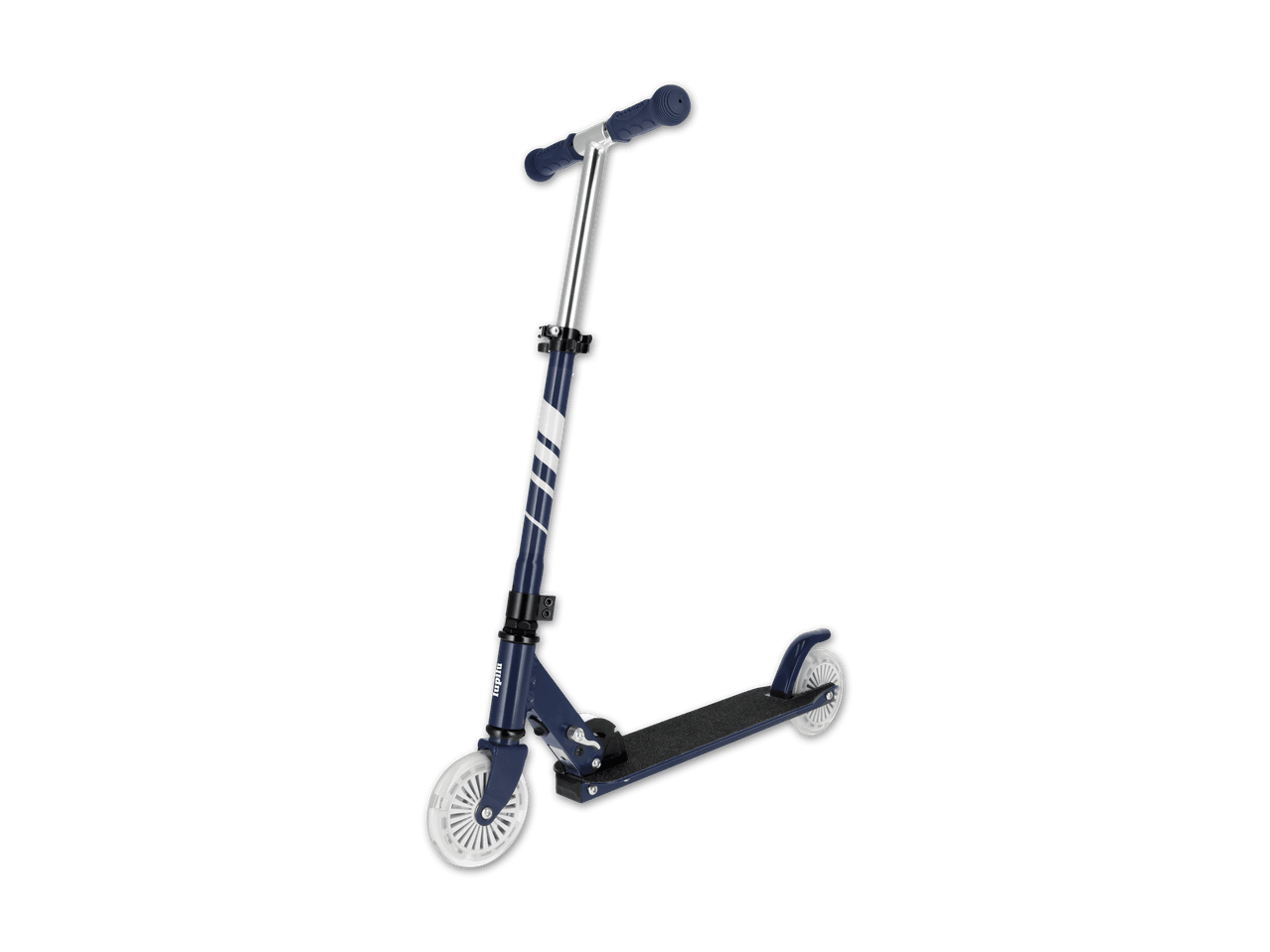 Blauer Roller mit weißen Rädern und Streifen, von der Seite gesehen.