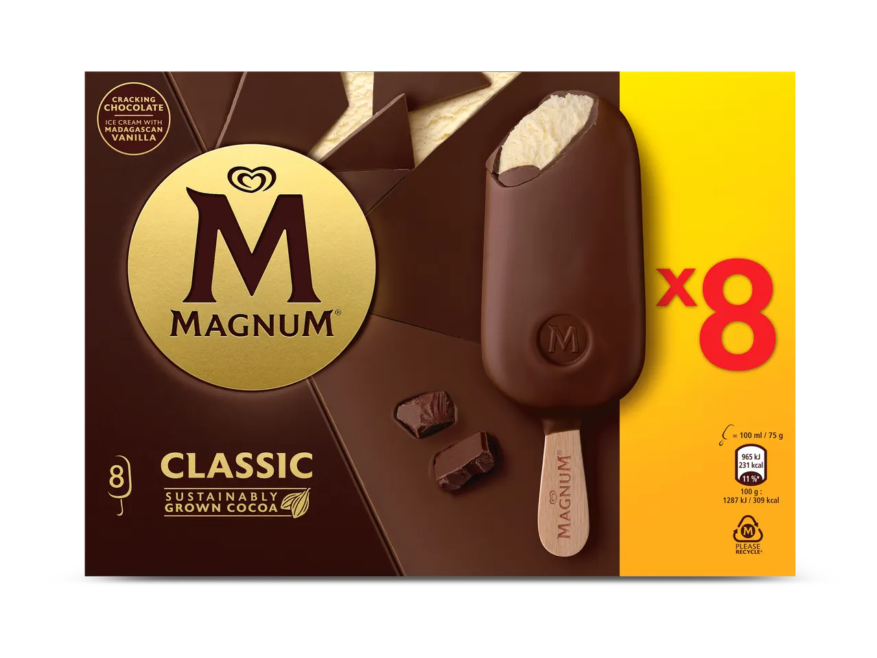 Doos met 8 klassieke vanille-ijsjes met chocoladecoating, met een gebroken ijsje dat de vanillevulling onthult.