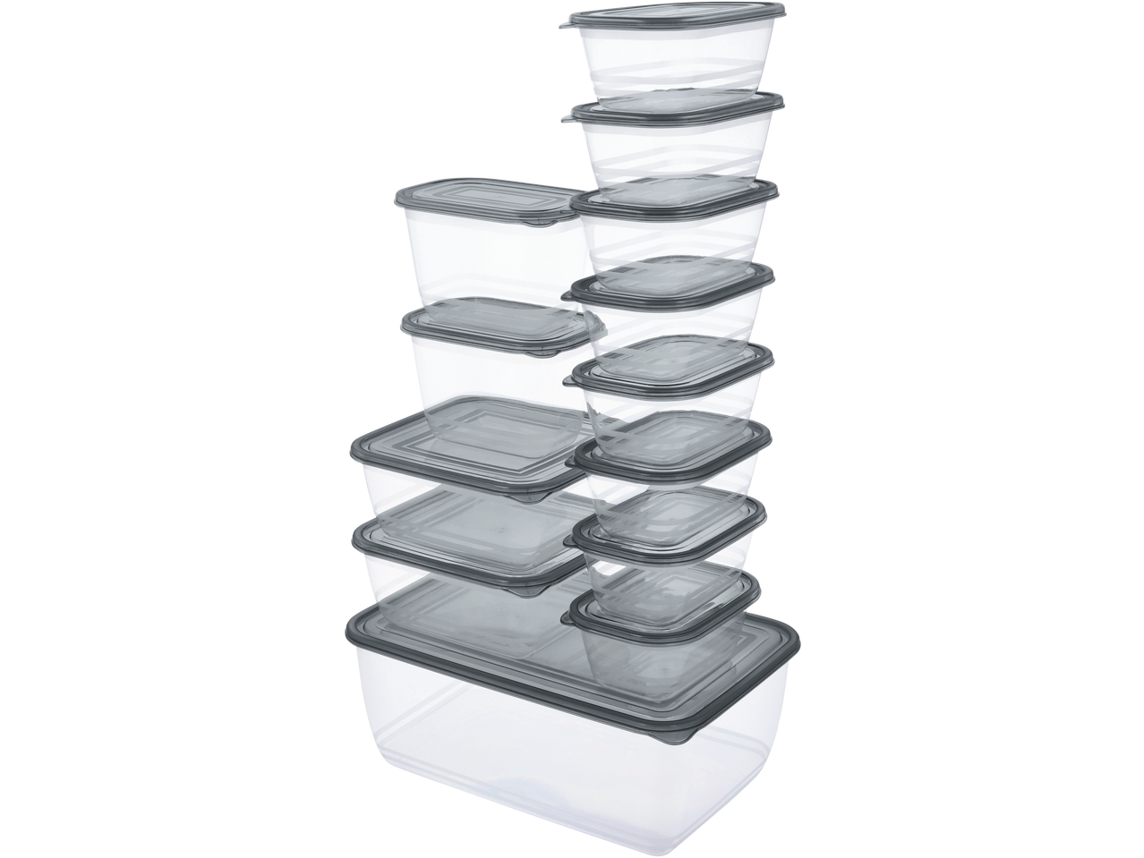 Στοίβα από διαφανή δοχεία αποθήκευσης τροφίμων διαφόρων μεγεθών με καπάκια.