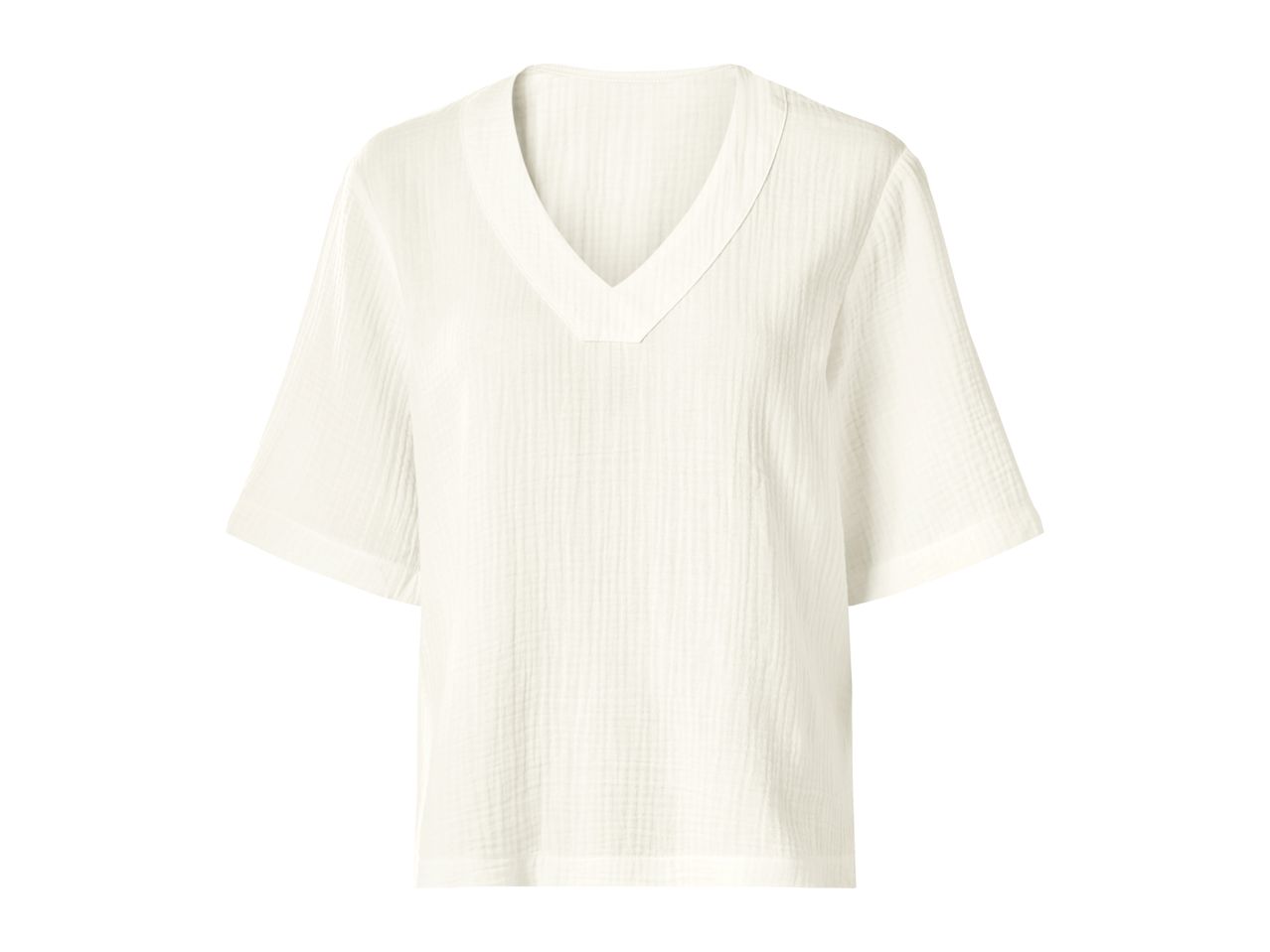 White short-sleeved V-neck top with a textured fabric.