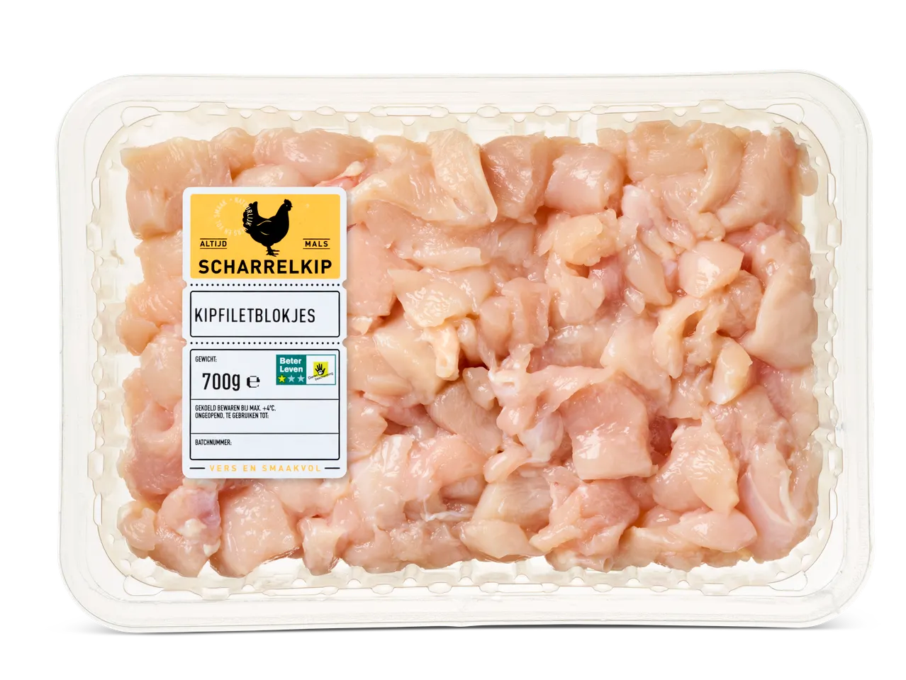 700g scharrelkipfiletblokjes in een plastic bakje.