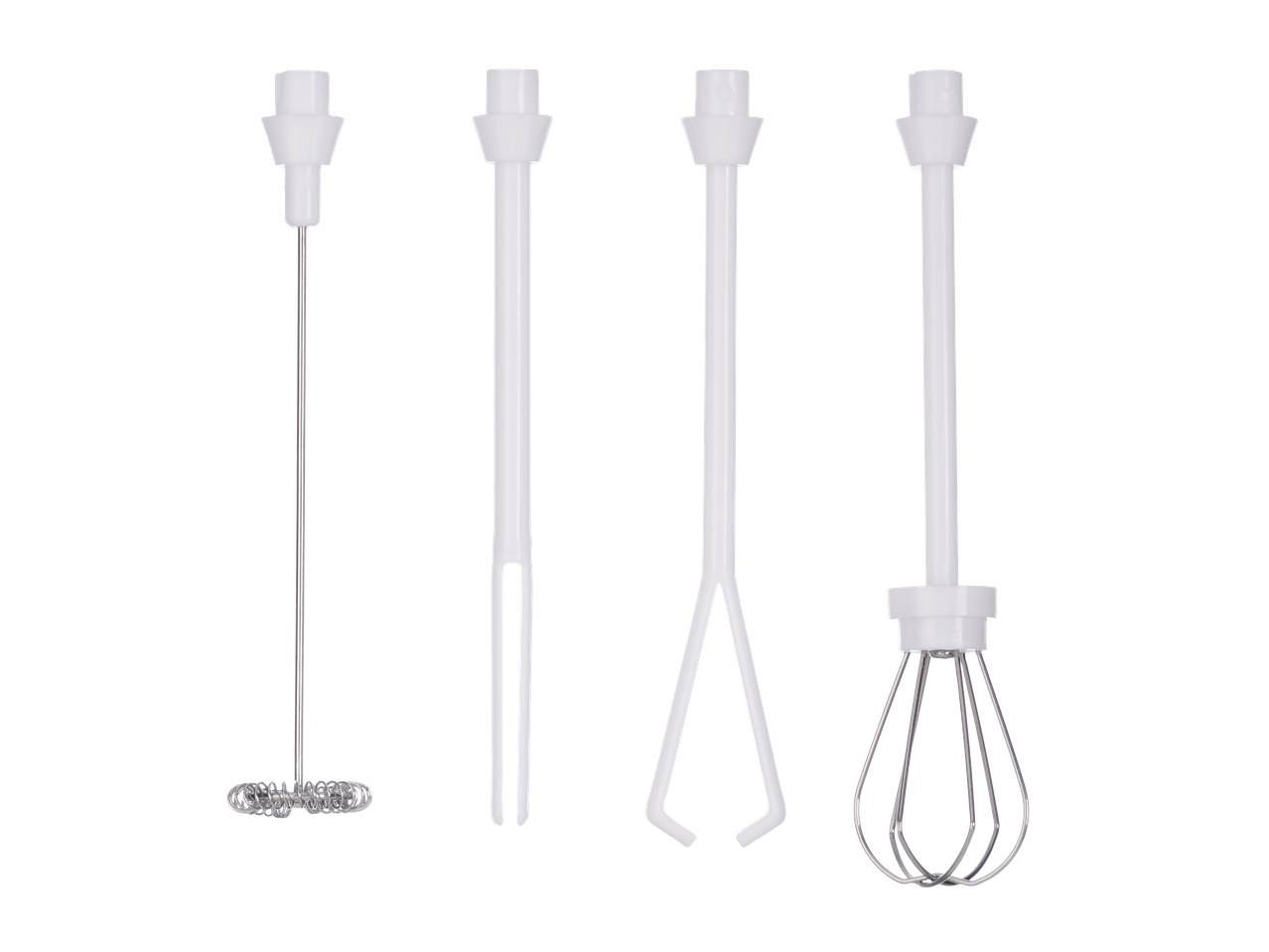 Patru accesorii albe pentru un mixer de mână: tel, cârlig de frământat, tel plat și tel spiralat.
