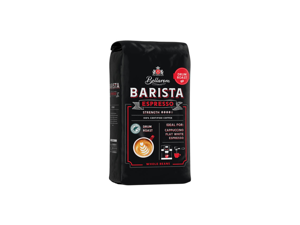 Pachet negru de cafea boabe Bellarom Barista Espresso, ideală pentru cappuccino și flat white.