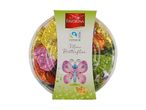 A clear container of colorful foil-wrapped chocolates with a green label featuring a butterfly and 'Mini Butterflies' text.