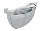Light gray crossbody bag with an open top zipper and blue pull tab