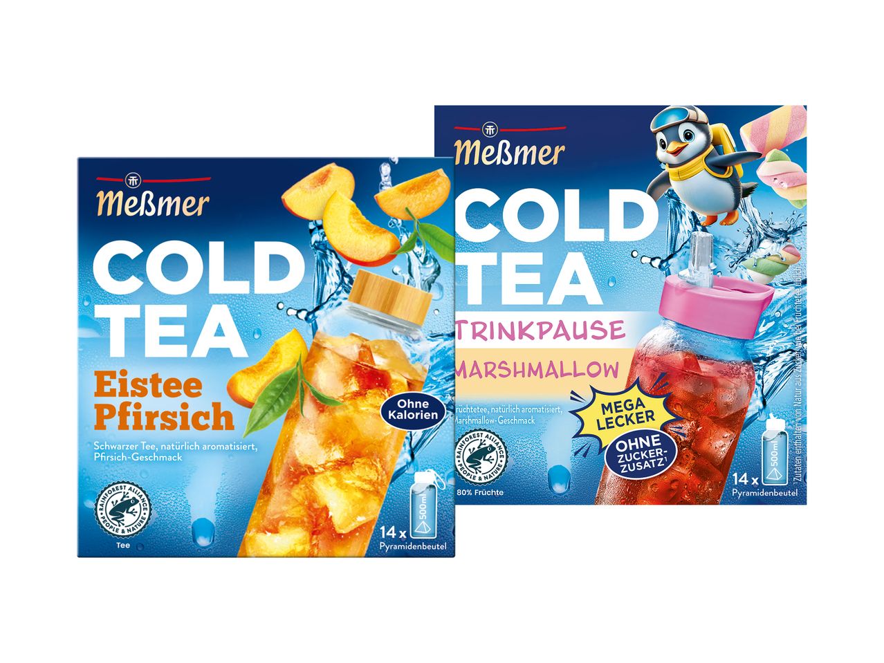 Zwei Meßmer Cold Tea Packungen: Pfirsich und Marshmallow.  14 Pyramidenbeutel pro Packung.