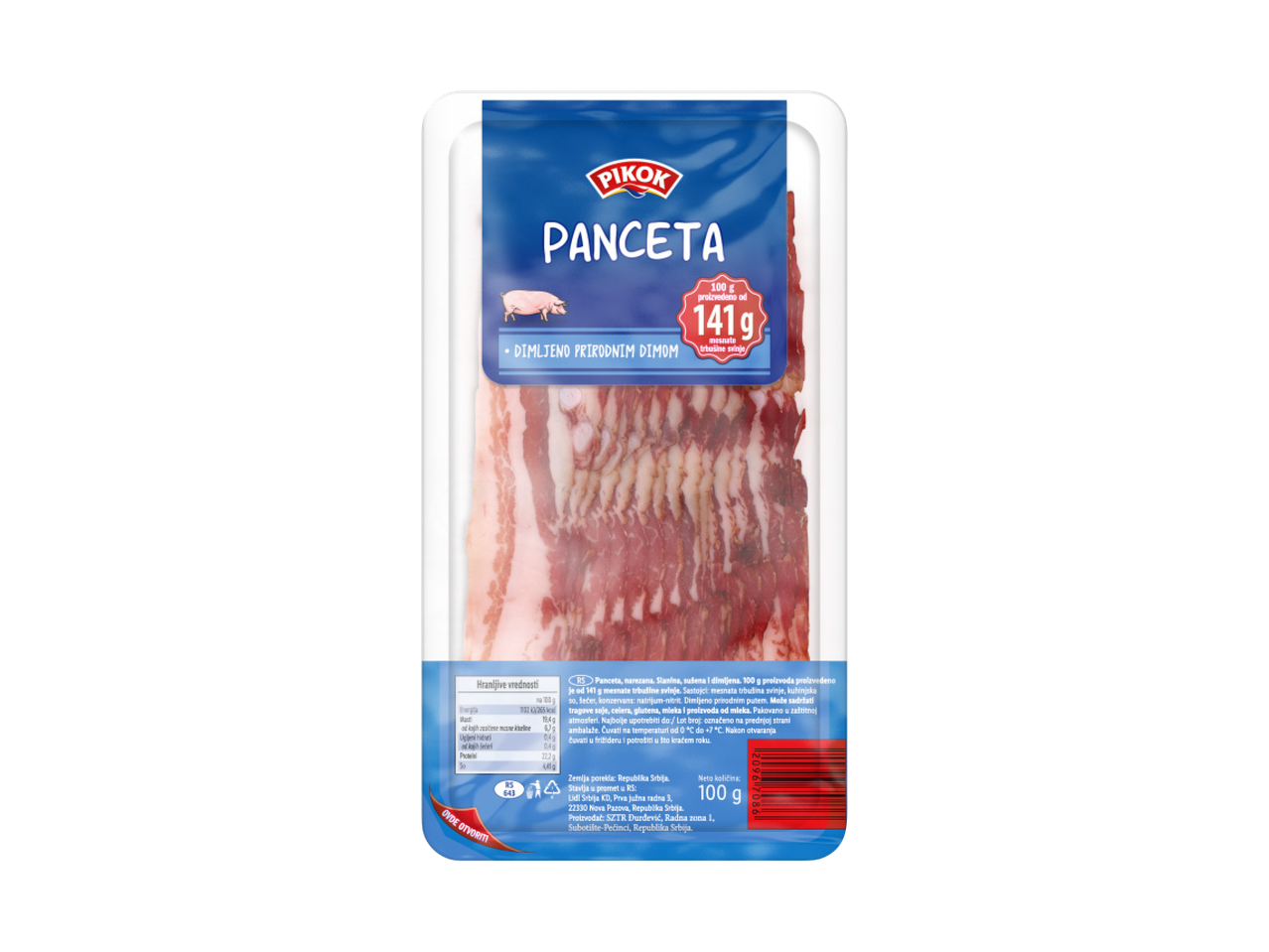 Pakovanje dimljene pančete sa informacijama o težini, nutritivnim vrednostima i poreklu.