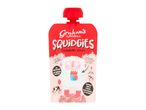 Red strawberry yogurt pouch with a cartoon yeti, highlighting natural ingredients, no added sugar, and high protein.