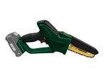 Cordless mini chainsaw with a dark green body and a yellow guide bar.