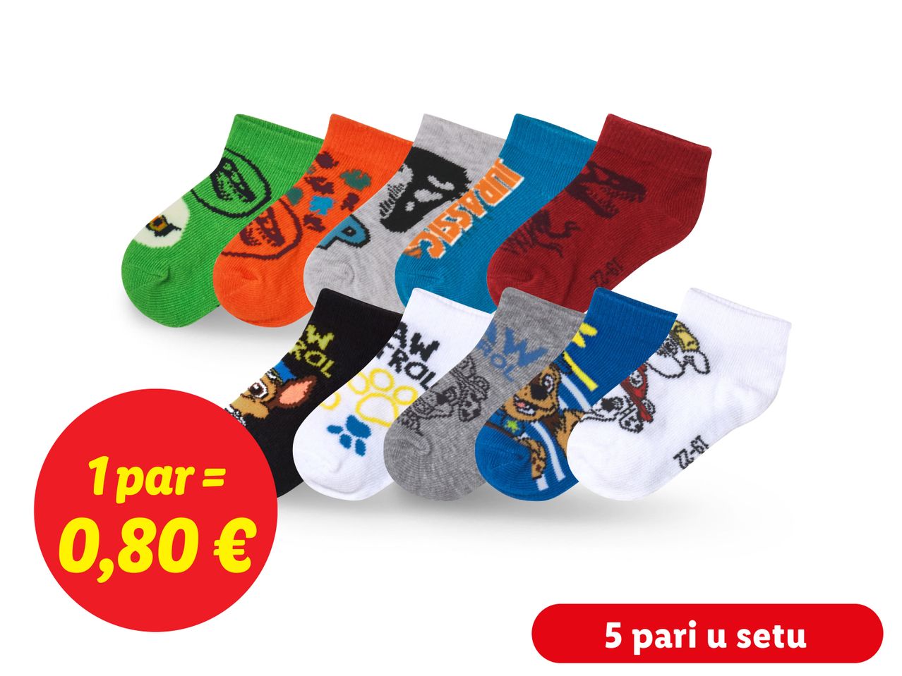Set od 5 pari dječjih čarapa s motivima Paw Patrol i dinosaura.