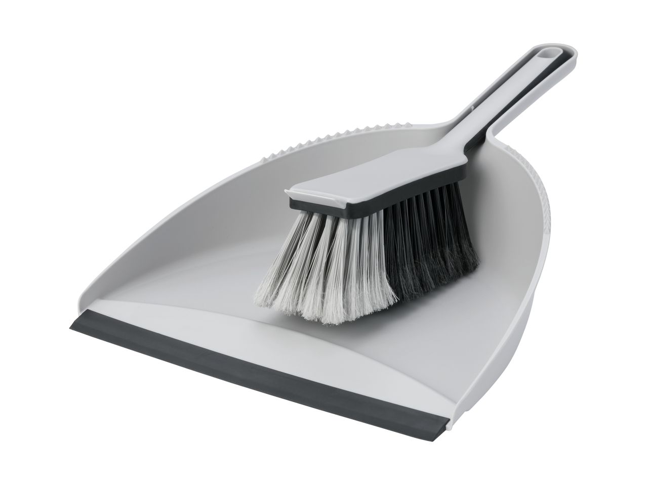 Gray dustpan and brush set with black and white bristles
