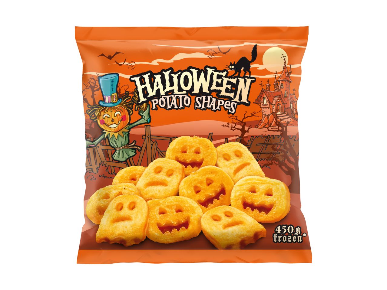 Halloween Potato Shapes with pumpkin and ghost faces, 450g frozen.