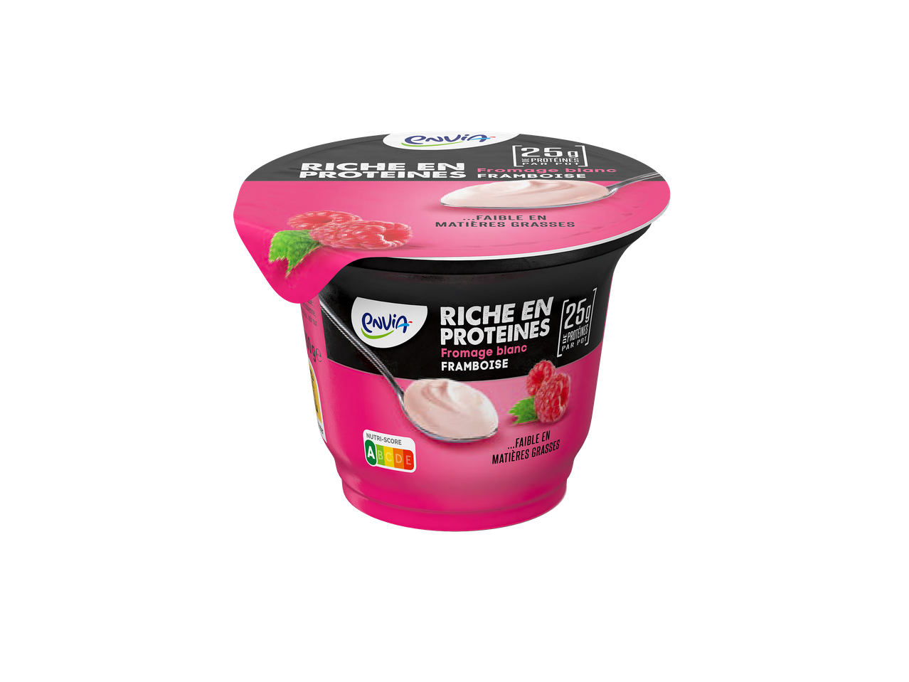 Yaourt riche en protéines à la framboise, faible en matières grasses, avec Nutri-Score A.