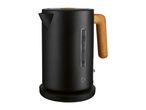 Black electric kettle with a wooden handle and a water level indicator