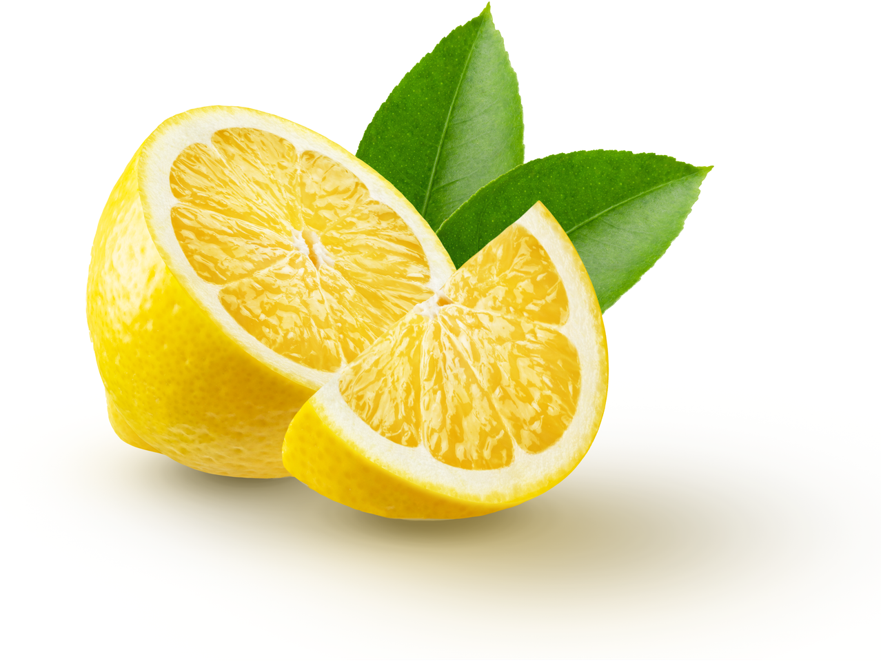 Fresh lemons, one whole and one sliced, with green leaves on a white background.