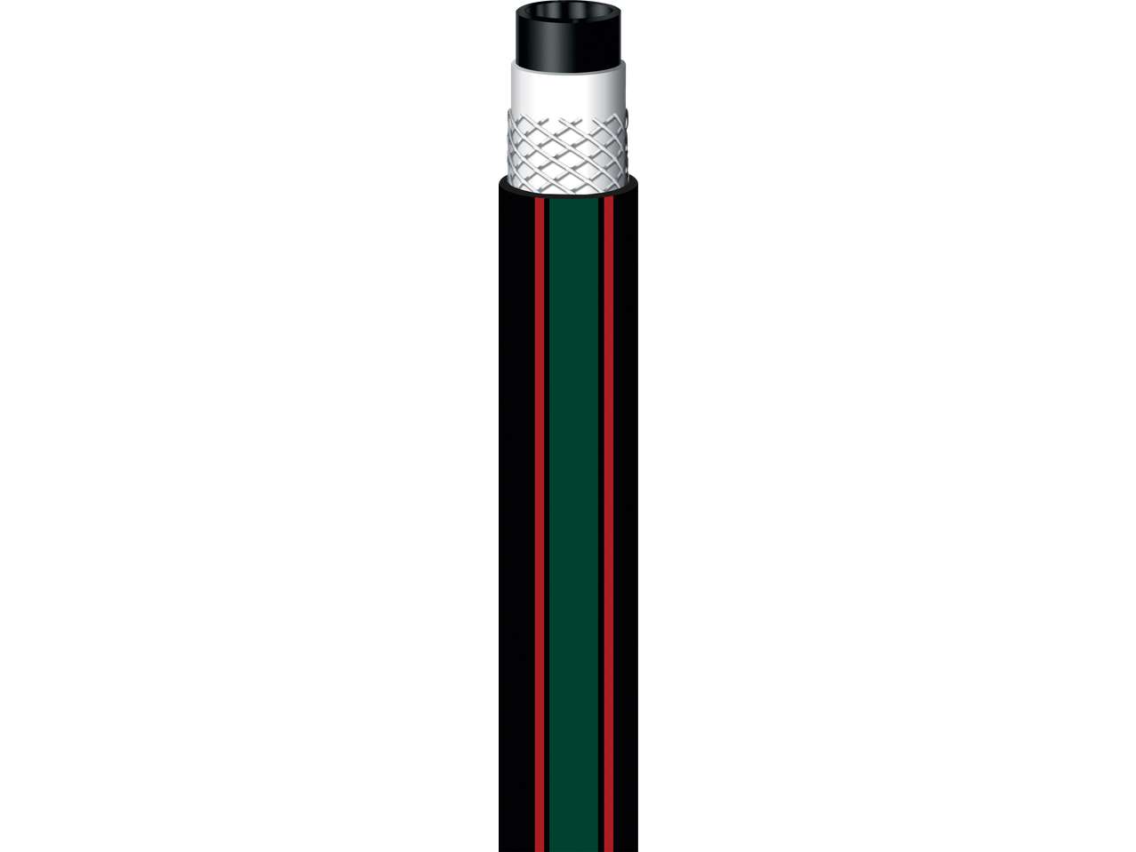 Black hose with red and green stripes, reinforced with white mesh.