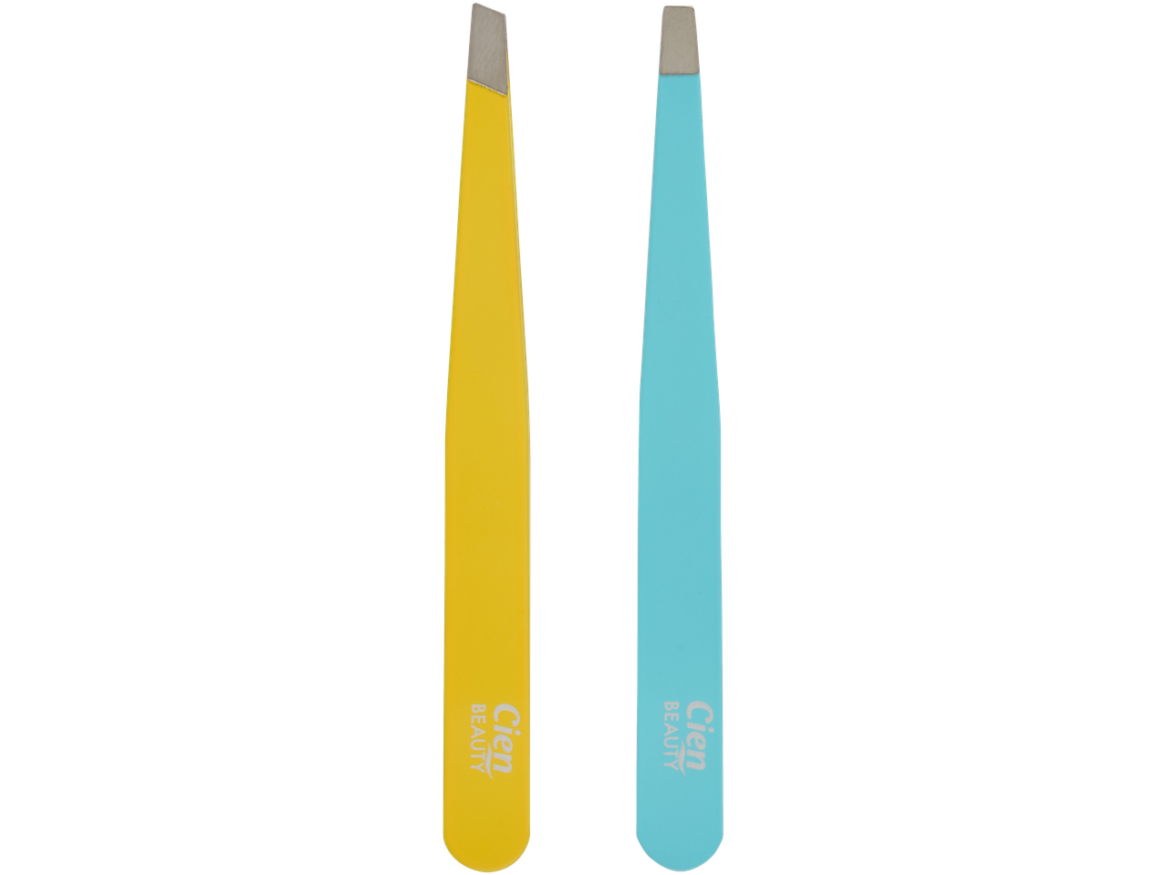 Duas pinças para sobrancelhas Cien Beauty, uma amarela e uma azul.