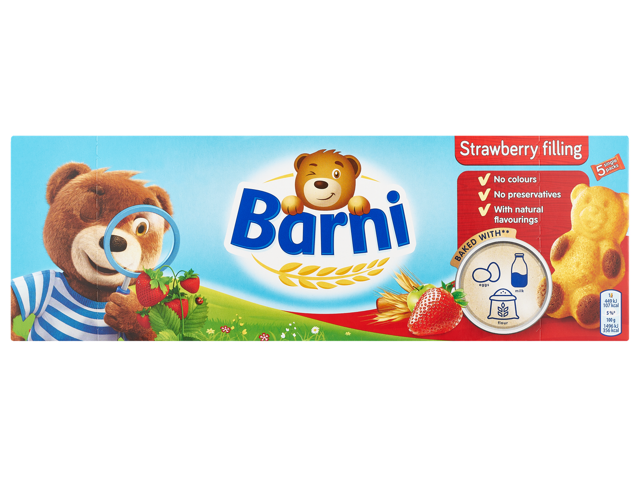 Barni sausainių pakuotė su braškių įdaru, vaizduojanti meškiuką ir ingredientus.