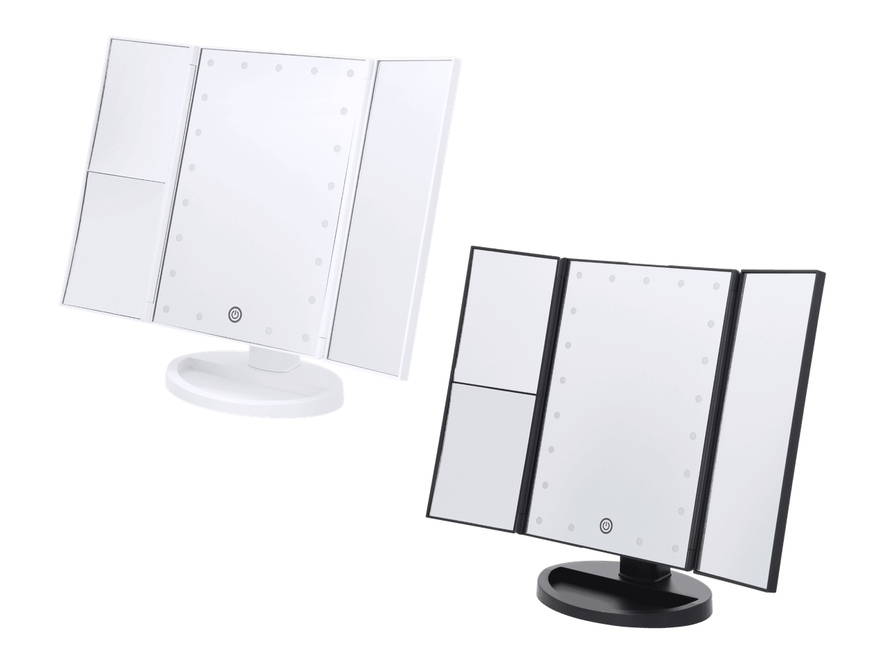 Kaksi valaistua, taitettavaa meikkipeiliä, toinen valkoinen ja toinen musta.