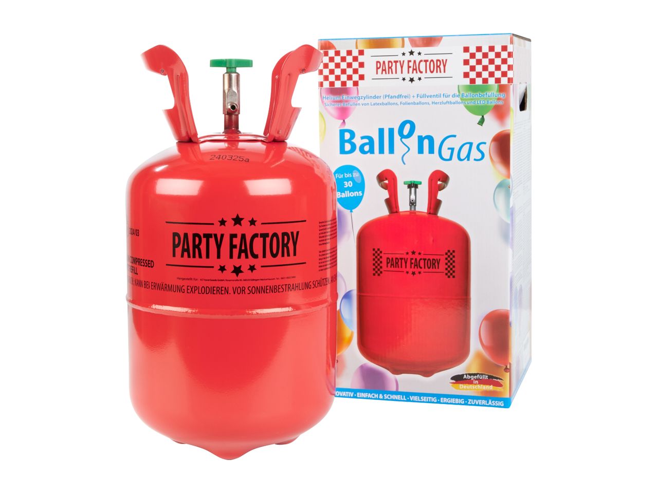 Party Factory helium tank and box for filling up to 30 balloons