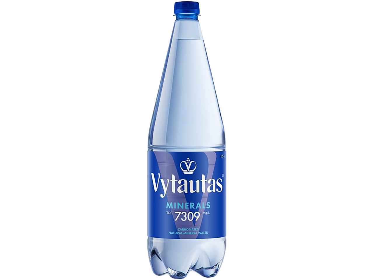 Vytautas mineralinis vanduo, 1.5L butelis su mėlyna etikete, nurodančia 7309 mg/L TDS.
