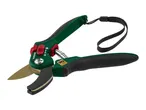 Green and black garden pruning shears with a gold-colored blade and a black wrist strap.