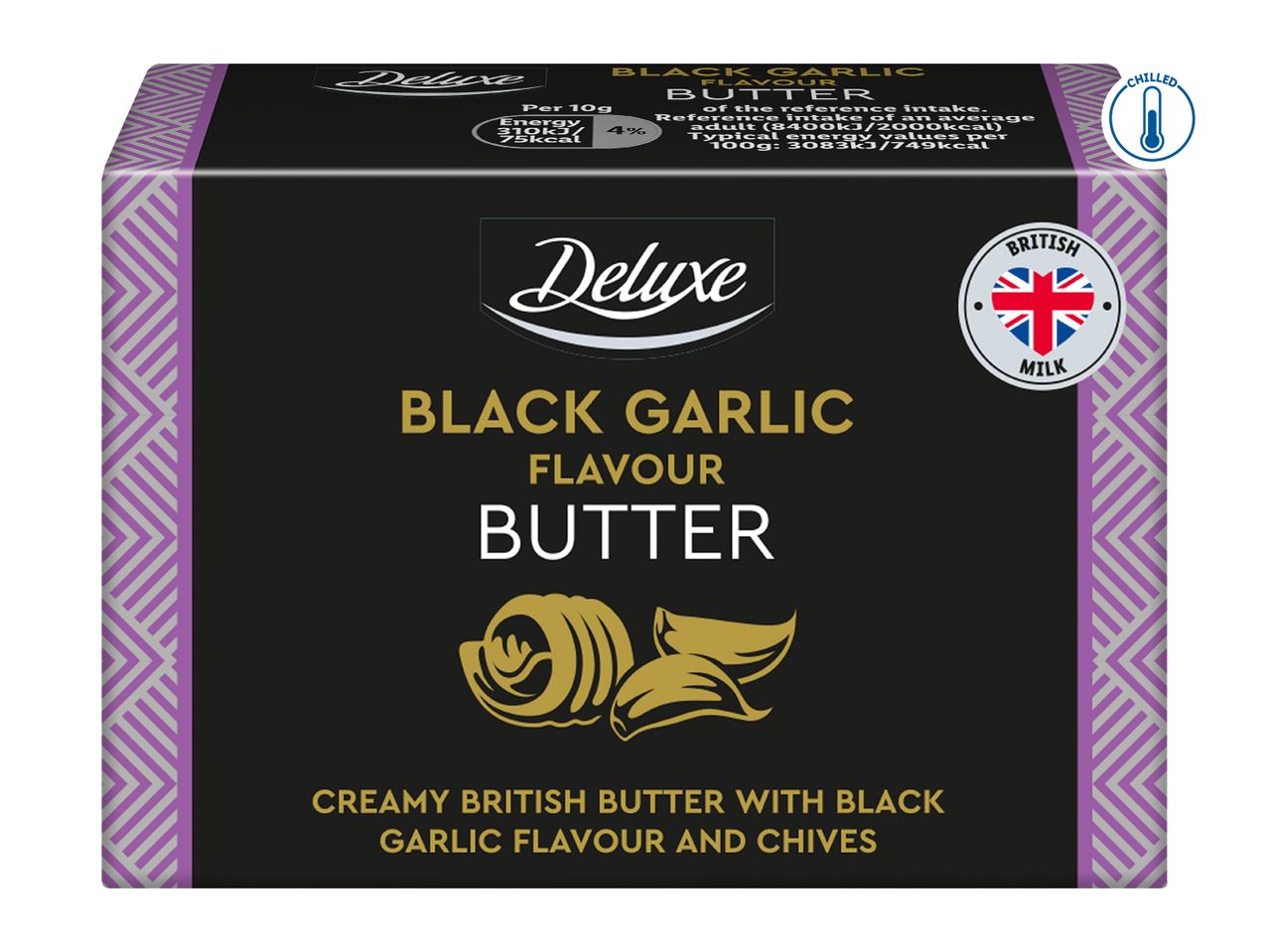 Deluxe Black Garlic Flavour Butter with British milk, chilled.