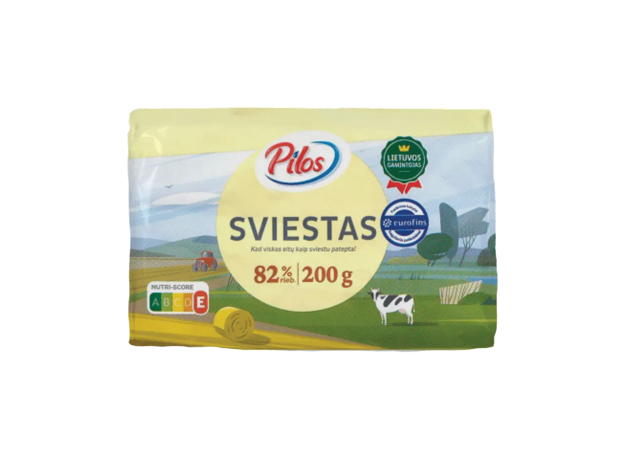 Pilos sviesto pakuotė su lauko ir karvės iliustracija.