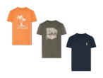 Drei Herren-T-Shirts mit tropischen Motiven: orange, olivgrün und dunkelblau.