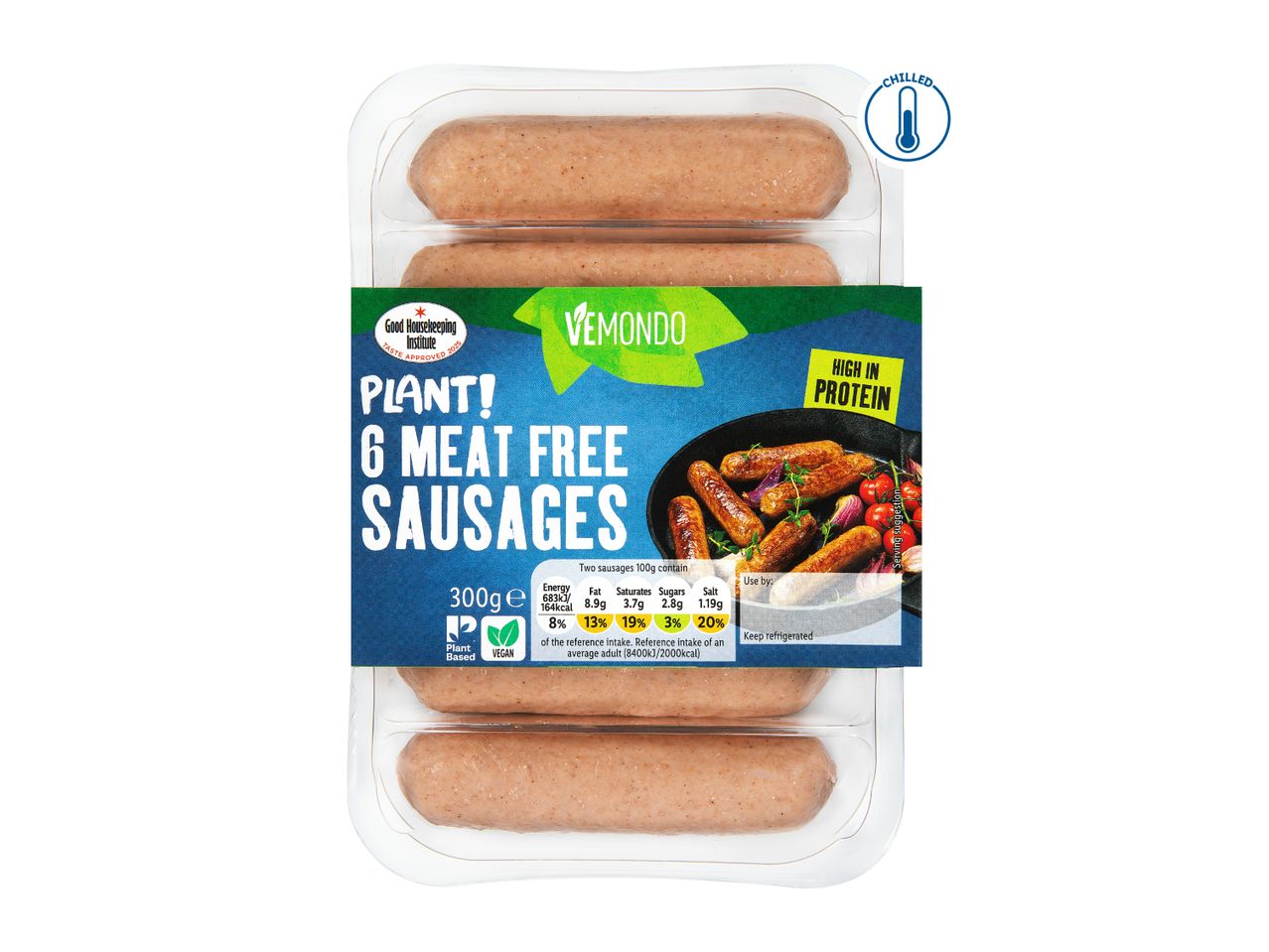 Pack of 6 plant-based meat-free sausages, high in protein, with nutritional information.